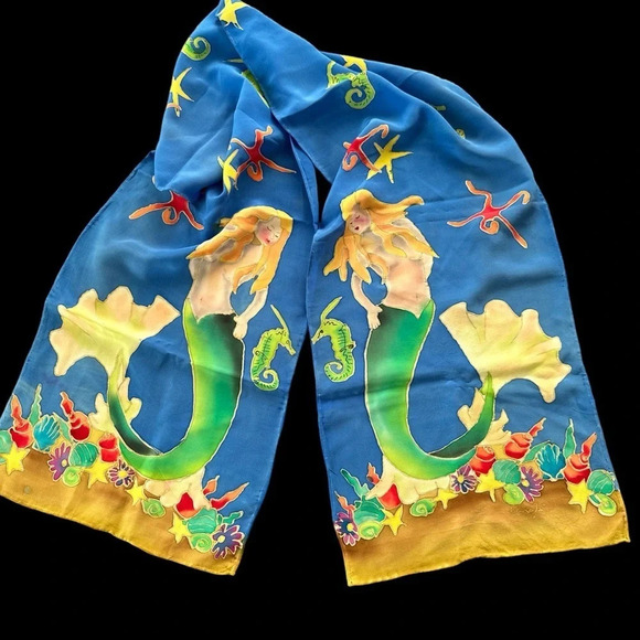 Signed Watercolor Silk Blue Mermaid Rectangular Scarf Hand Rolled Edges Seahorse - Picture 1 of 5